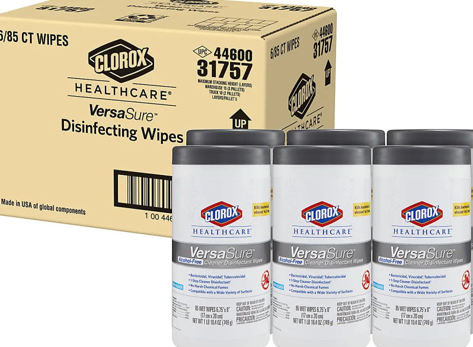Clorox® Healthcare VersaSure Cleaner Disinfectant Wipes, 6-3/4" x 8", 85 Wipes Per Canister, Carton Of 6 Canisters