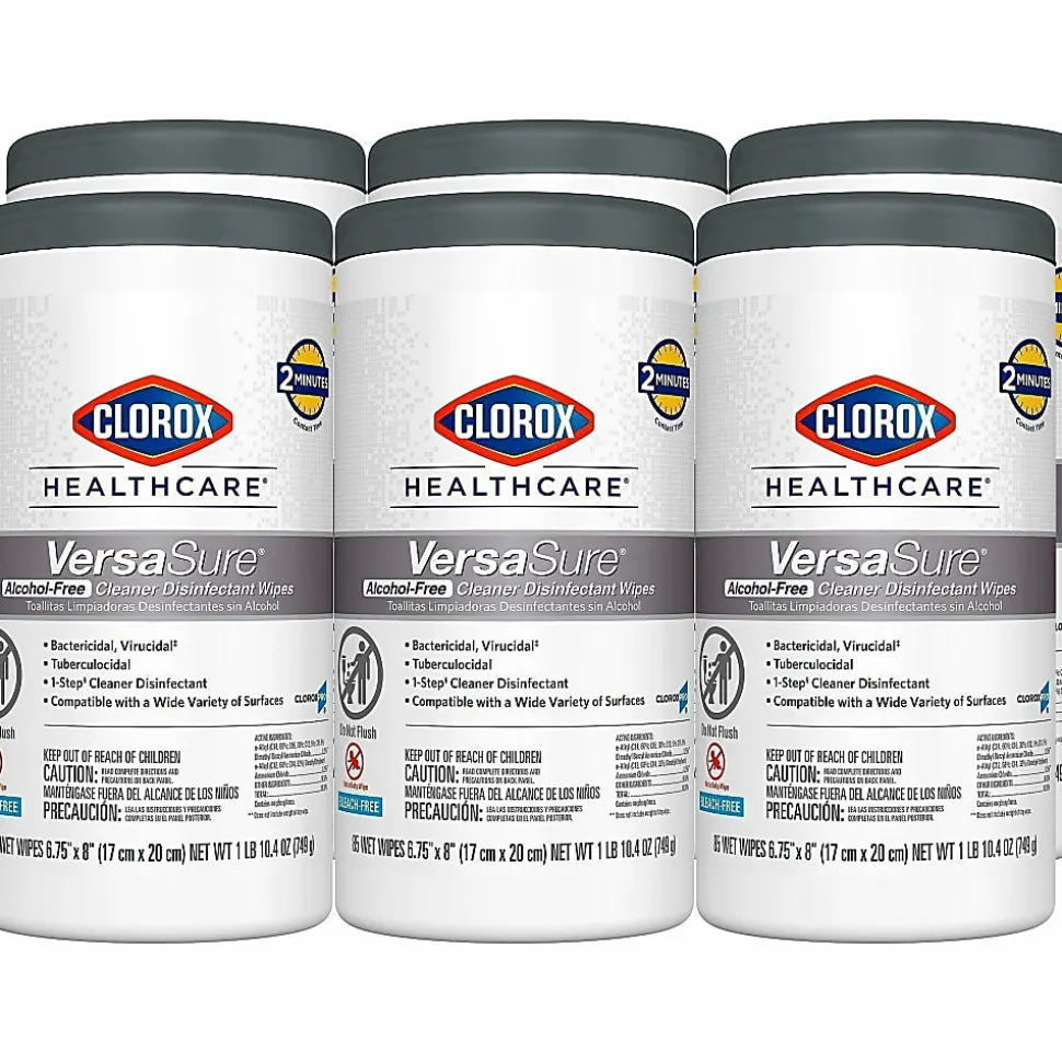 Clorox® Healthcare VersaSure Cleaner Disinfectant Wipes, 6-3/4" x 8", 85 Wipes Per Canister, Carton Of 6 Canisters