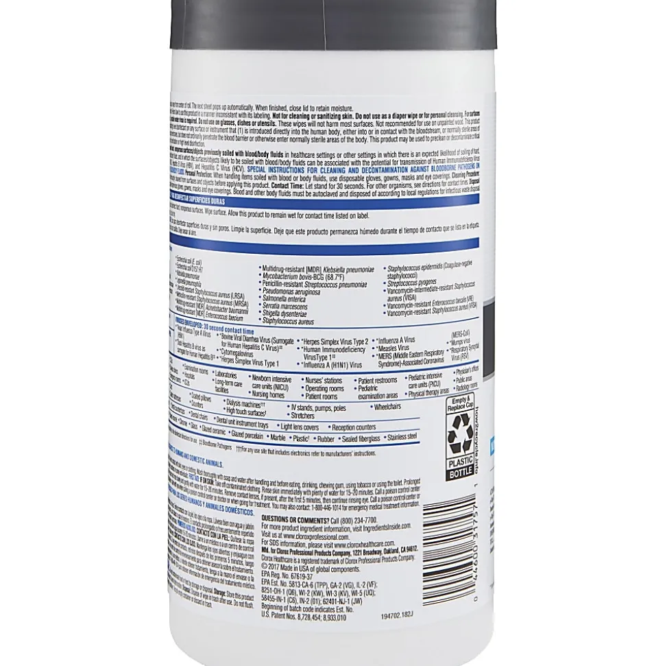Clorox® Healthcare VersaSure Cleaner Disinfectant Wipes, 6-3/4" x 8", 85 Wipes Per Canister, Carton Of 6 Canisters