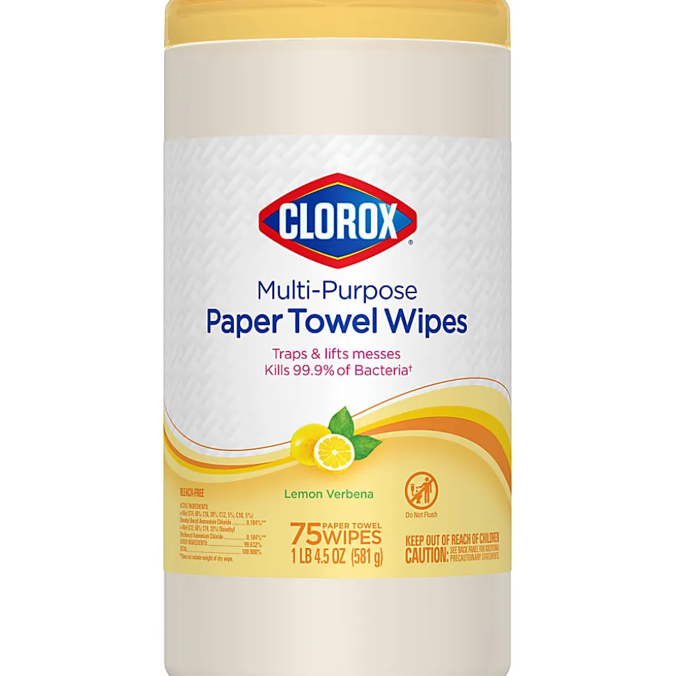 Clorox Paper Towel Wipes, 6-5/8" x 8-1/4", Lemon Verbena Scent, White, Canister Of 75 Wipes