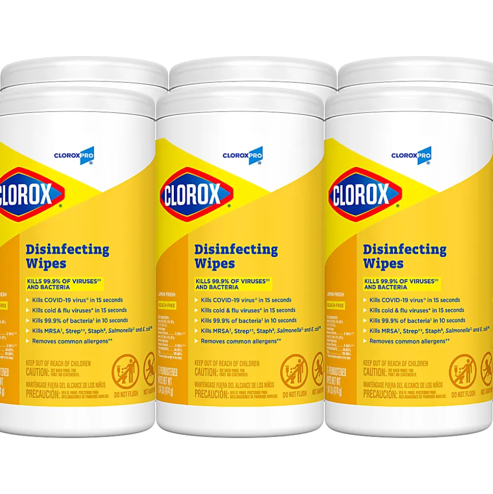 CloroxPro™ Clorox Disinfecting Wipes, Lemon Fresh, 75 Wipes Per Canister, Box Of 6 Canisters
