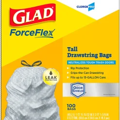 CloroxPro™ Glad ForceFlex Tall Kitchen Drawstring Trash Bags, 0.9 mil, 13 Gallon, Grey, Box Of 100