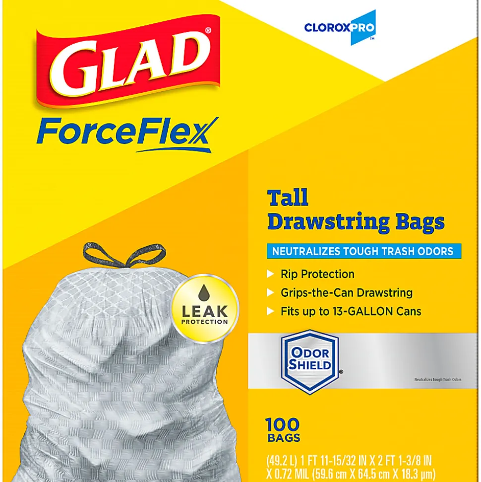 CloroxPro™ Glad ForceFlex Tall Kitchen Drawstring Trash Bags, 0.9 mil, 13 Gallon, Grey, Box Of 100