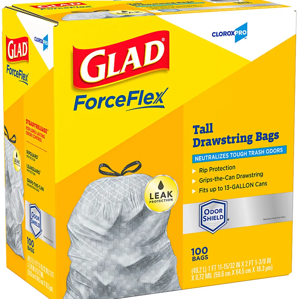 CloroxPro™ Glad ForceFlex Tall Kitchen Drawstring Trash Bags, 0.9 mil, 13 Gallon, Grey, Box Of 100