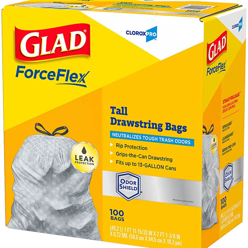 CloroxPro™ Glad ForceFlex Tall Kitchen Drawstring Trash Bags, 0.9 mil, 13 Gallon, Grey, Box Of 100