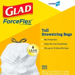 CloroxPro Glad ForceFlex Tall Kitchen Drawstring Trash Bags,  0.78 mil, 13 Gallon, Box of 100 (78374)