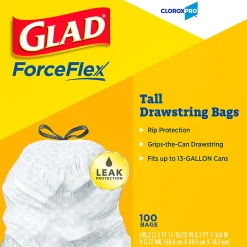 CloroxPro Glad ForceFlex Tall Kitchen Drawstring Trash Bags,  0.78 mil, 13 Gallon, Box of 100 (78374)