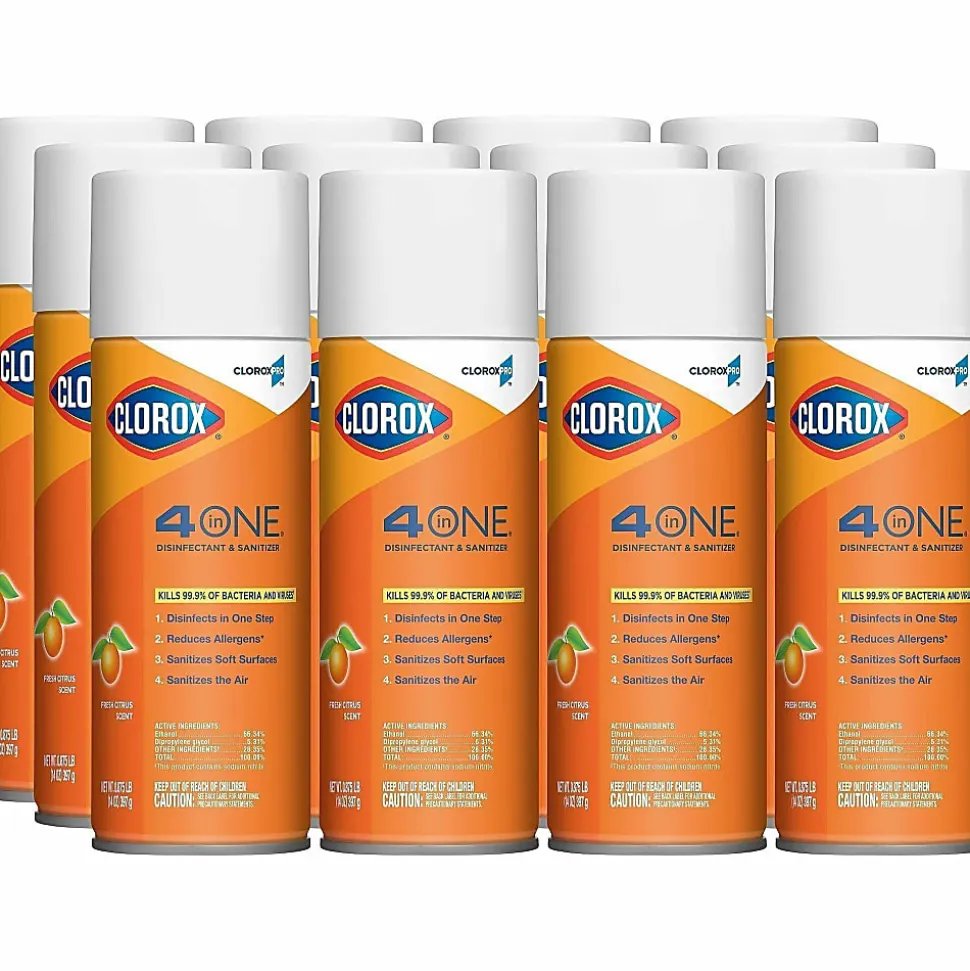 CloroxPro™ 4-in-1 Disinfectant & Sanitizer, 14 Oz, Fresh Citrus Scent, Carton Of 12 Cans