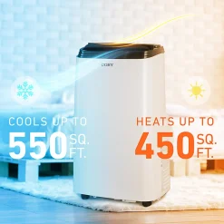 COBY Portable Air Conditioner 4-in-1 AC Unit, Heater, Dehumidifier & Fan, 12,000 BTU, 28-15/16”H x 16-3/4”W x 14-3/4”D, White
