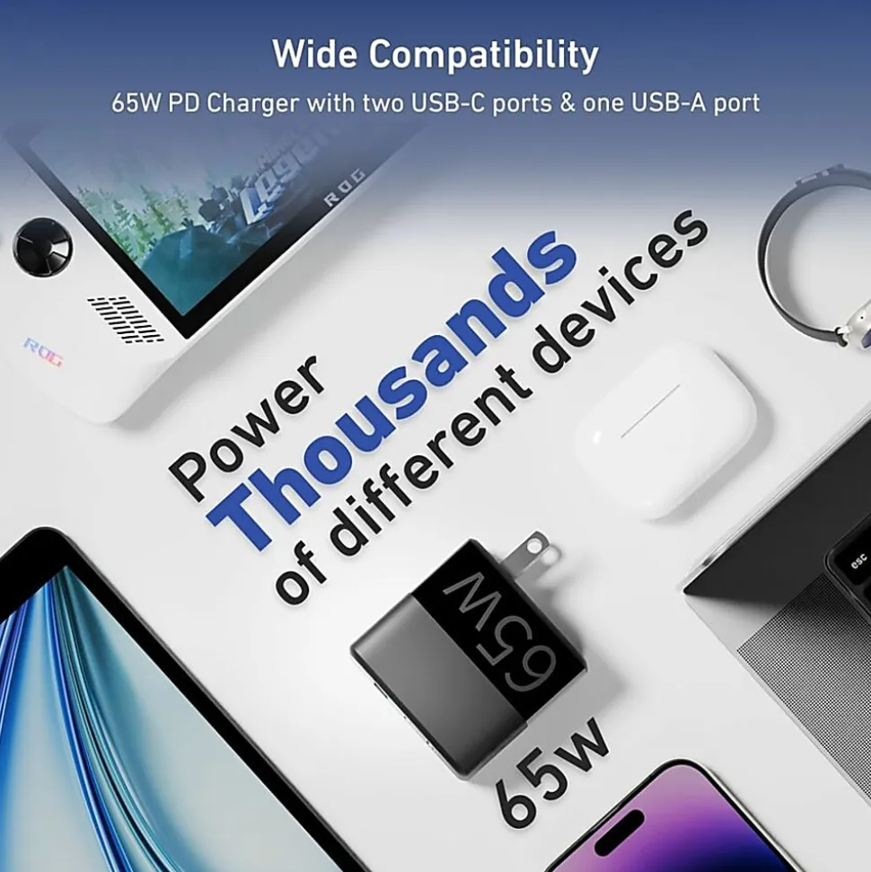 CODi 65W GaN Triple Port Wall Charger - USB-C and USB-A Quick Charge 3.0 outputs
