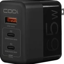 CODi 65W GaN Triple Port Wall Charger - USB-C and USB-A Quick Charge 3.0 outputs