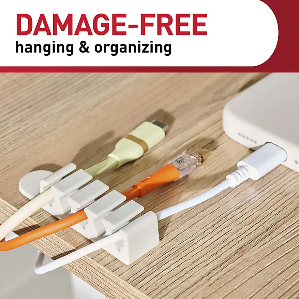 Command™ 5-Cord Clip Organizer, 4 White Clips, 8 Strips, 1 Clip Holds 5 Charging Cords, Great for Damage-Free Electronics Organization Under Desk