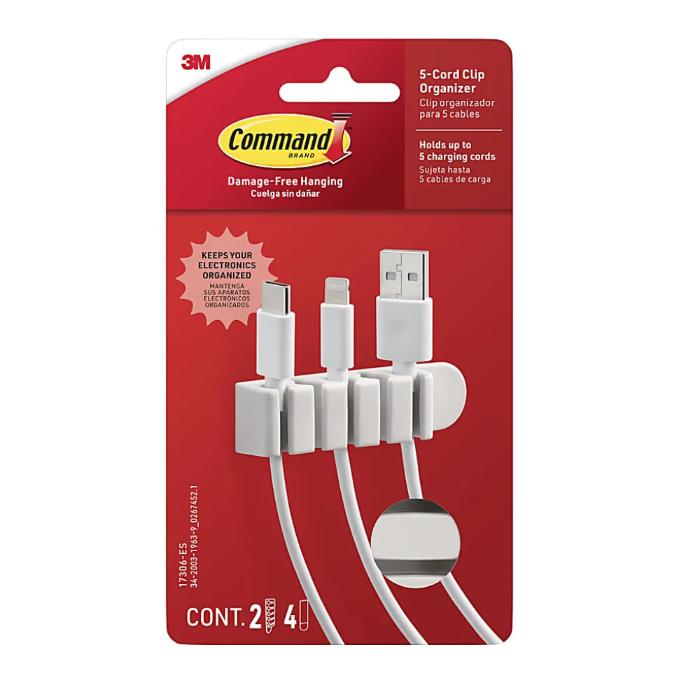 Command™ 5-Cord Clip Organizer, 4 White Clips, 8 Strips, 1 Clip Holds 5 Charging Cords, Great for Damage-Free Electronics Organization Under Desk