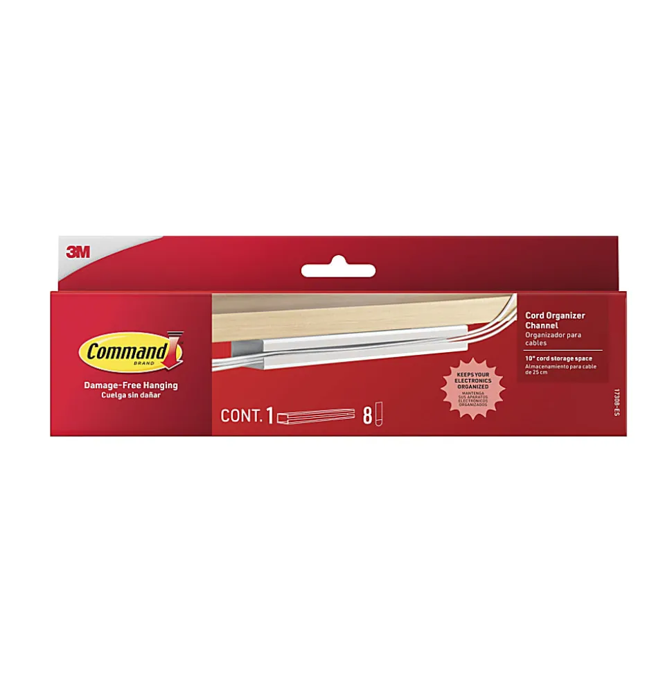 Command™ Cord Organizer Channel, 1 White Channel, 8 Large Strips, 10" Cord Storage Space, Great for Damage-Free Desk Organization with Electronics
