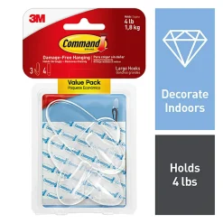 Command Large Clear Hook with Clear Strips Value Pack, 3 Hooks/Pack, 6 Strips/Pack