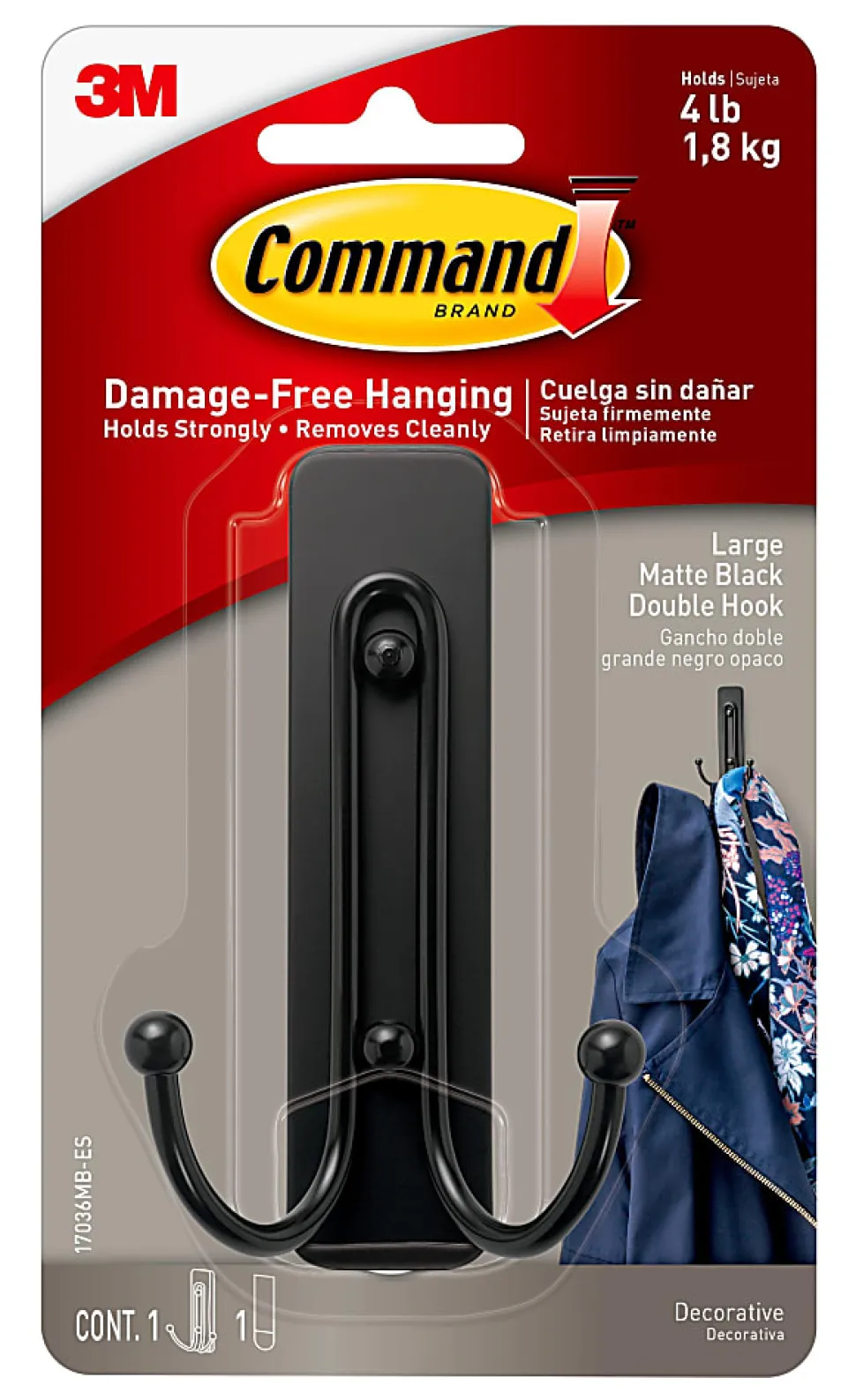 Command Large Double Wall Hooks, 1 Command Hook, 1 Command Strip, Damage Free Hanging of Dorm Room Decorations