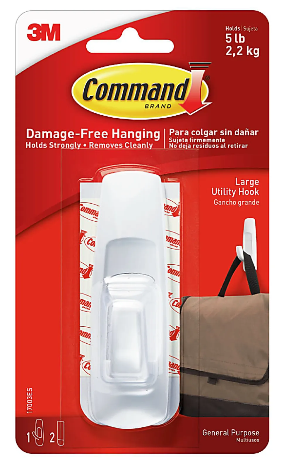 Command Large Hooks, 1 Hook, 2 White Adhesive Strips, Damage Free Hanging Picture Hangers, No Tools Wall Hanging Strips For Living Spaces