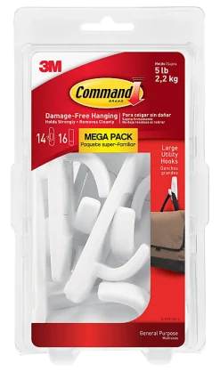 Command® Large Utility Hooks, 14 Hooks, 16 White Adhesive Strips, Damage Free Hanging Picture Hangers, No Tools Wall Hanging Strips For Living Spaces
