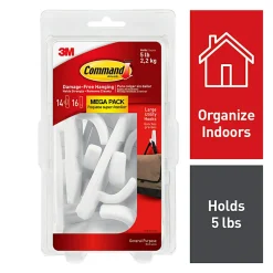 Command® Large Utility Hooks, 14 Hooks, 16 White Adhesive Strips, Damage Free Hanging Picture Hangers, No Tools Wall Hanging Strips For Living Spaces