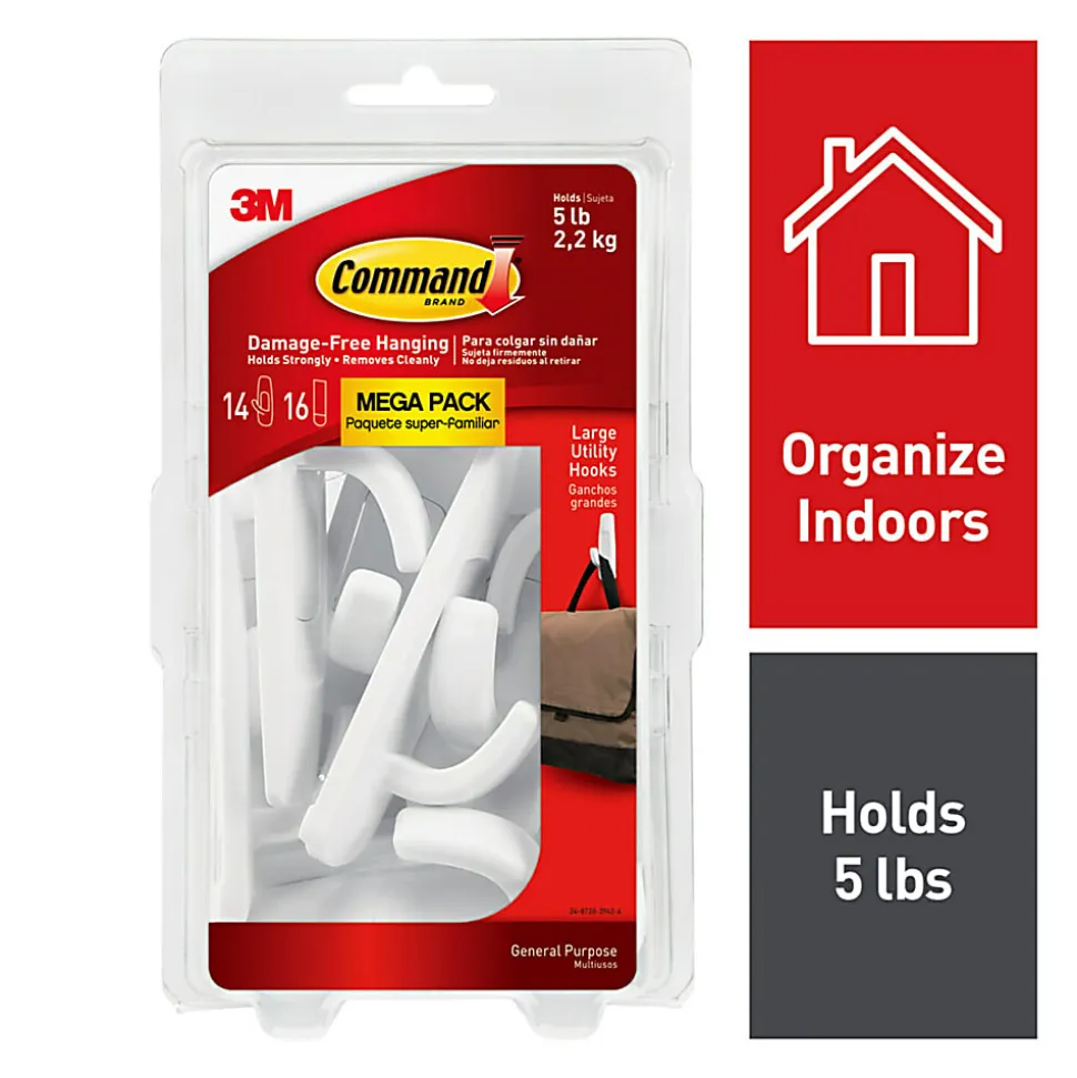 Command® Large Utility Hooks, 14 Hooks, 16 White Adhesive Strips, Damage Free Hanging Picture Hangers, No Tools Wall Hanging Strips For Living Spaces