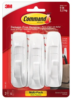 Command® Large Utility Hooks, 3 Hooks, 6 White Adhesive Strips, Damage Free Hanging Picture Hangers, No Tools Wall Hanging Strips For Living Spaces