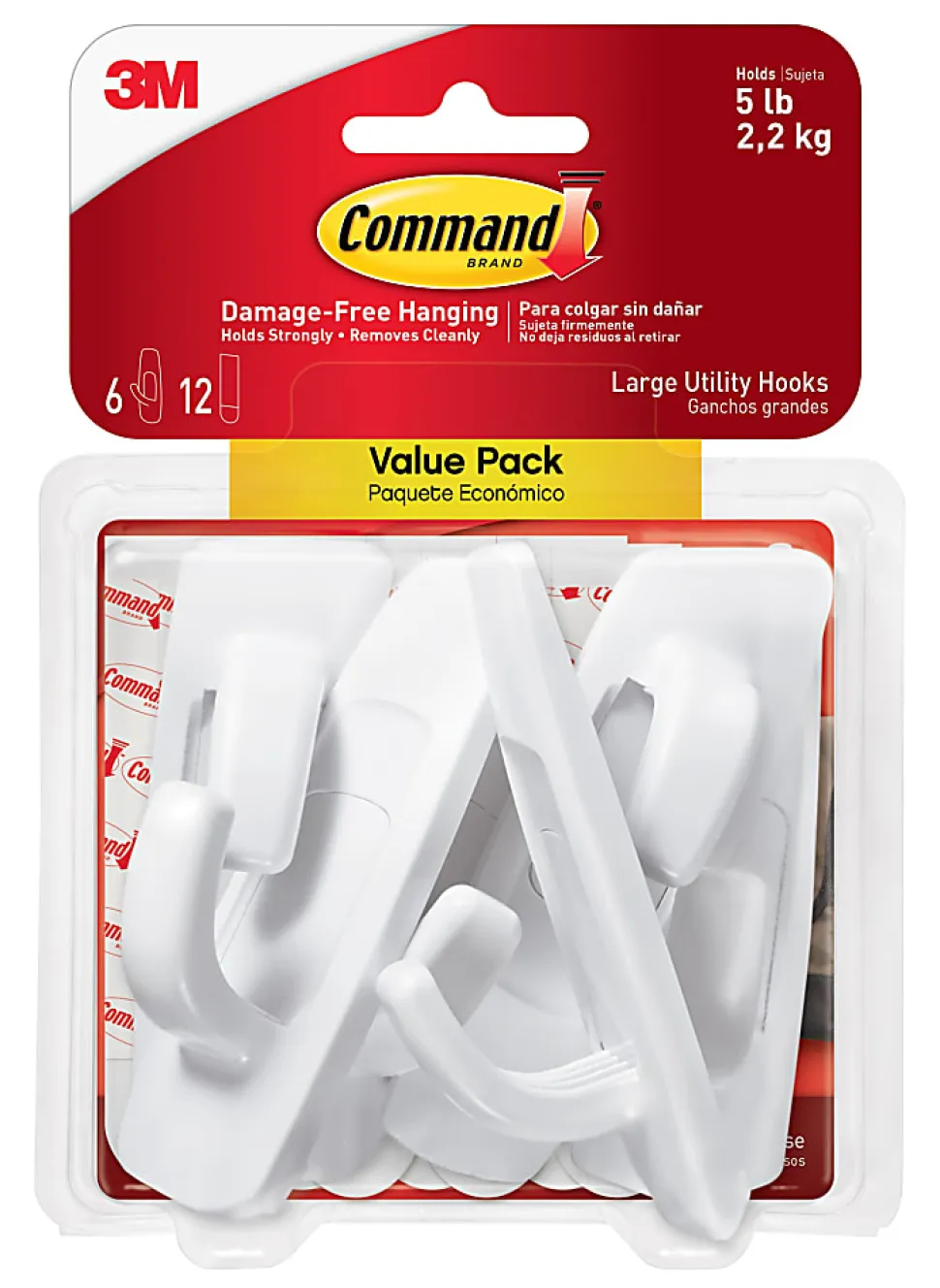 Command Large Utility Hook Value Pack, 5 lb, White, 6 Hooks/Pack, 12 Strips/Pack
