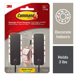 Command Medium Matte Black Hooks, 3 lb, 2 Hooks, 4 Medium Strips