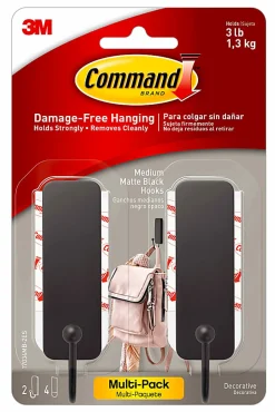 Command Medium Matte Black Hooks, 3 lb, 2 Hooks, 4 Medium Strips