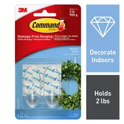 Command Medium Plastic Hooks, 2 Command Hooks, 4 Command Strips, Damage Free Hanging of Dorm Room Decorations, Clear