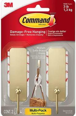 Command Medium Satin Brass Hooks, 3 lb, 2 Medium Hooks, 4 Medium Strips