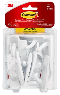 Command® Medium Utility Hooks, 20 Hooks, 24 White Adhesive Strips, Damage Free Hanging Picture Hangers, No Tools Wall Hanging Strips For Living Spaces