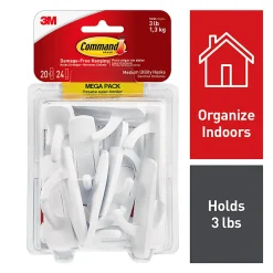 Command® Medium Utility Hooks, 20 Hooks, 24 White Adhesive Strips, Damage Free Hanging Picture Hangers, No Tools Wall Hanging Strips For Living Spaces