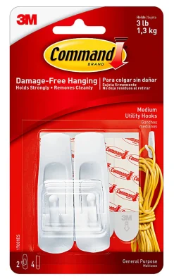 Command Medium Utility Hooks, 2 Hooks, 4 White Adhesive Strips, Damage Free Hanging Picture Hangers, No Tools Wall Hanging Strips For Living Spaces