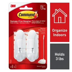 Command™ Medium Wire Hooks, Damage-Free, White, Pack of 2 Hooks, 2 Pairs of Strips