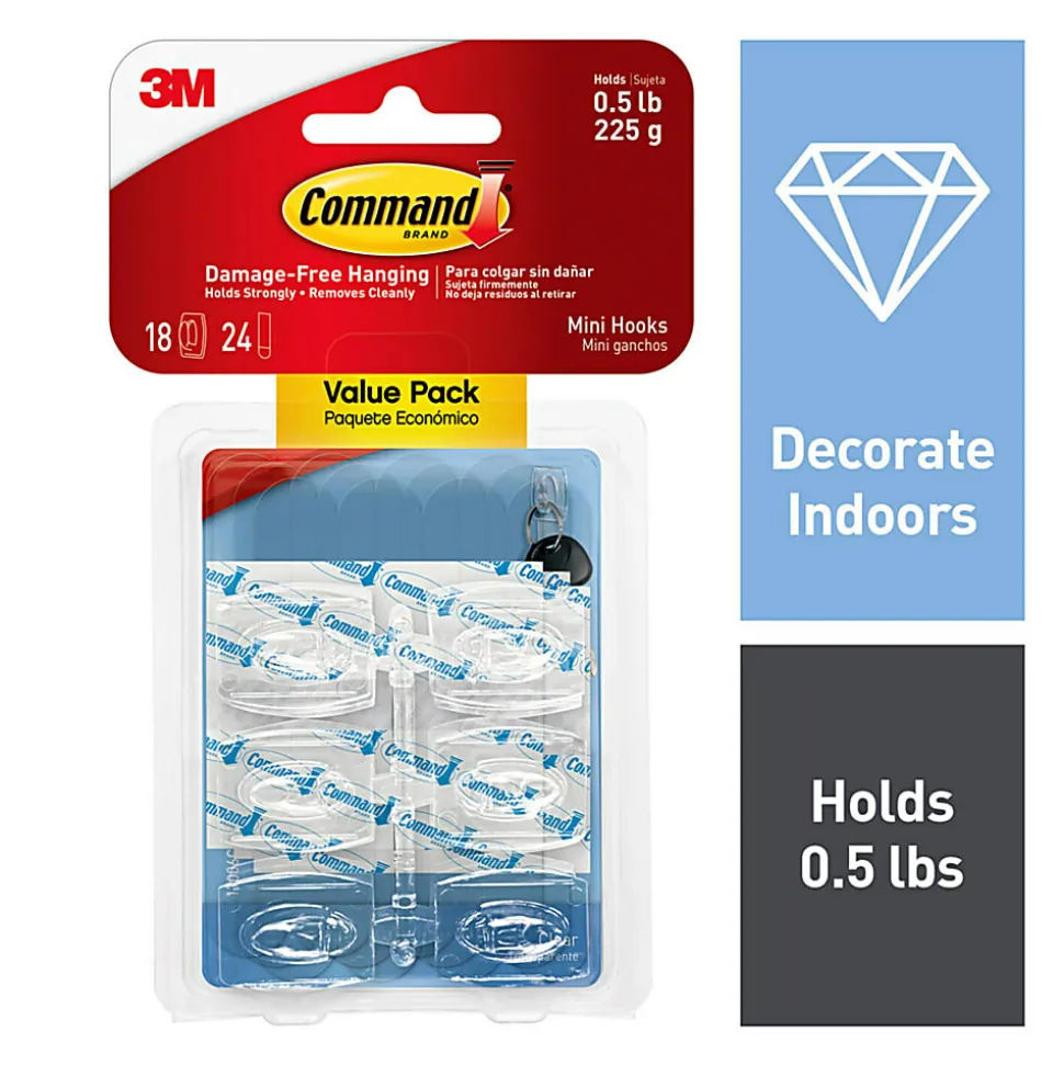 Command Mini Wall Hooks, 18 Command Hooks, 24 Command Strips, Damage Free Hanging of Dorm Room Decorations, Clear