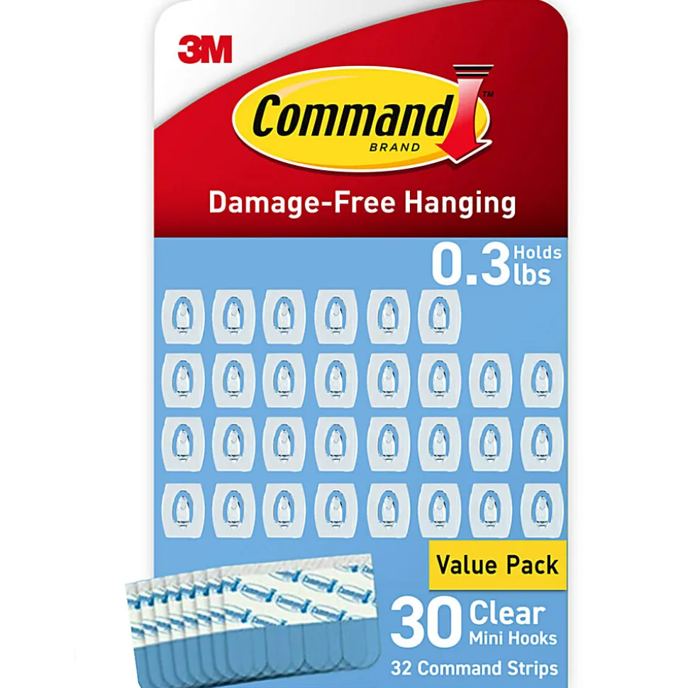 Command Mini Wall Hooks, 30 Hooks, 32 Clear Adhesive Strips, Damage Free Hanging Picture Hangers, No Tools Wall Hanging Strips For Living Spaces