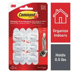Command Mini Wall Hooks, 6 Hooks, 8 White Adhesive Strips, Damage Free Hanging Picture Hangers, No Tools Wall Hanging Strips For Living Spaces