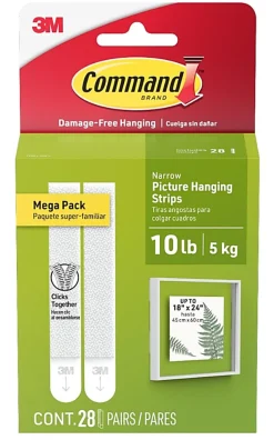 Command Narrow (10lb) Picture Hanging Strips, White, 28 Pairs (54 strips), Damage-Free Wall Hangers for Picture Frames and Other Décor