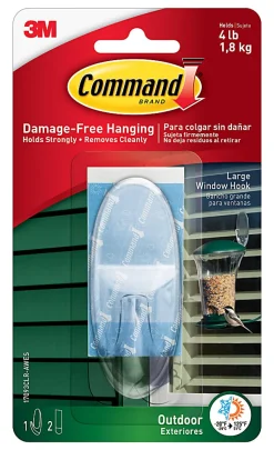 Command Outdoor Clear Window Hook, 1 Large Hook, 2 Adhesive Strips, Damage Free Hanging Hooks, Great for Outdoor Use
