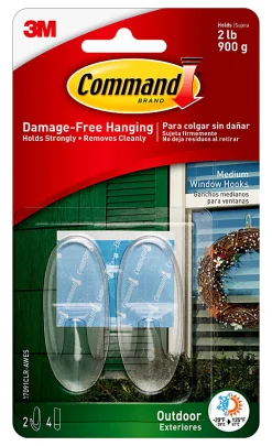 Command Outdoor Clear Window Hooks, 2 Medium Hooks, 4 Adhesive Strips, Damage Free Hanging Hooks, Great for Outdoor Use