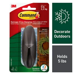 Command Outdoor Metallic Bronze Hook, 1 Medium Hook, 2 Adhesive Strips, Damage Free Hanging Hooks, Great for Outdoor Use
