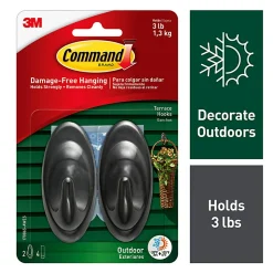 Command Outdoor Slate Terrace Hooks,  2 Medium Hooks, 4 Adhesive Strips, Damage Free Hanging Hooks, Great for Outdoor Use