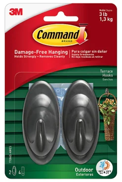 Command Outdoor Slate Terrace Hooks,  2 Medium Hooks, 4 Adhesive Strips, Damage Free Hanging Hooks, Great for Outdoor Use