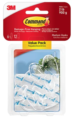 Command Removable Hooks, Medium, Clear, Pack Of 6 Hooks and 12 Strips