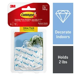Command Removable Hooks, Medium, Clear, Pack Of 6 Hooks and 12 Strips