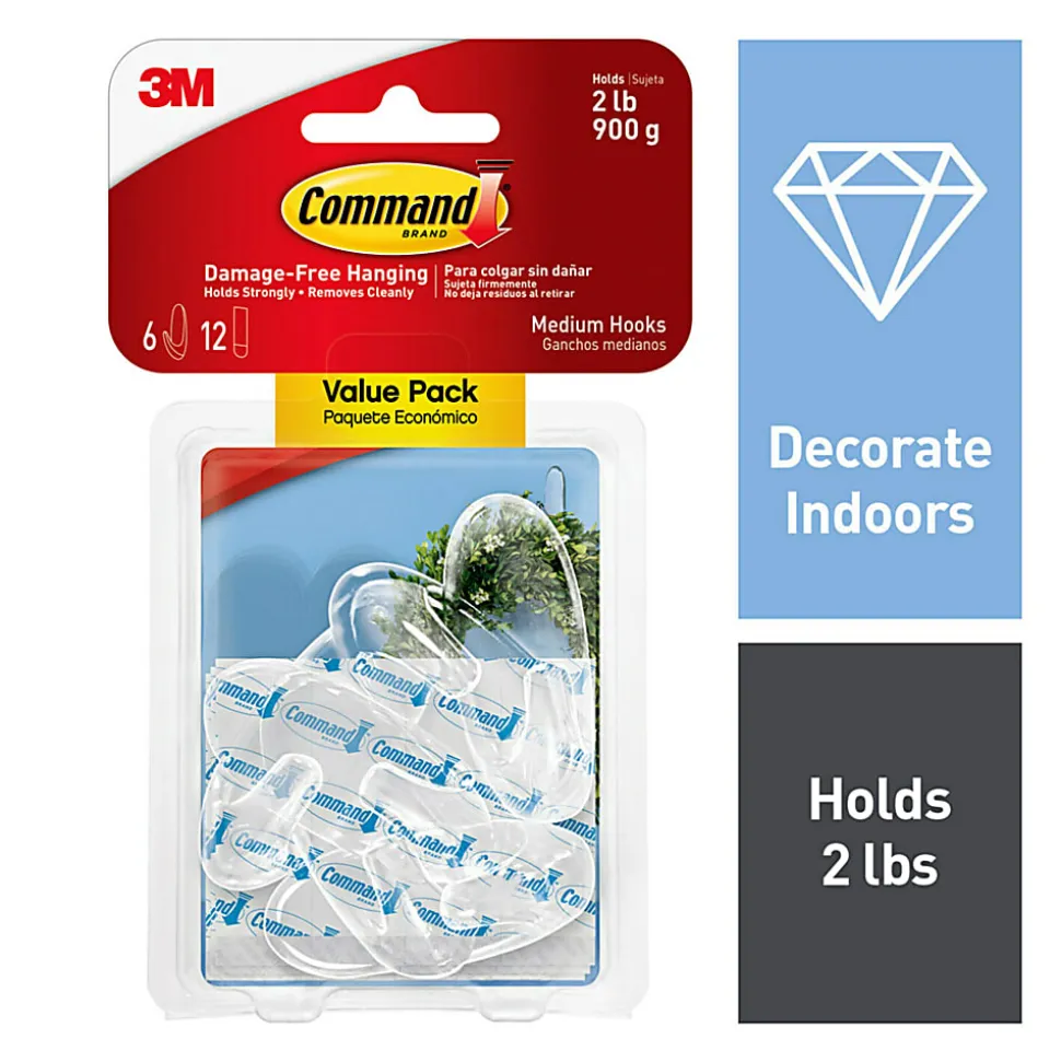 Command Removable Hooks, Medium, Clear, Pack Of 6 Hooks and 12 Strips