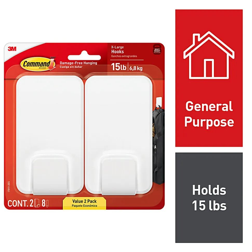 Command X-Large Hooks, 2 Hooks, 8 White Adhesive Strips, Damage Free Hanging Picture Hangers, No Tools Wall Hanging Strips For Living Spaces