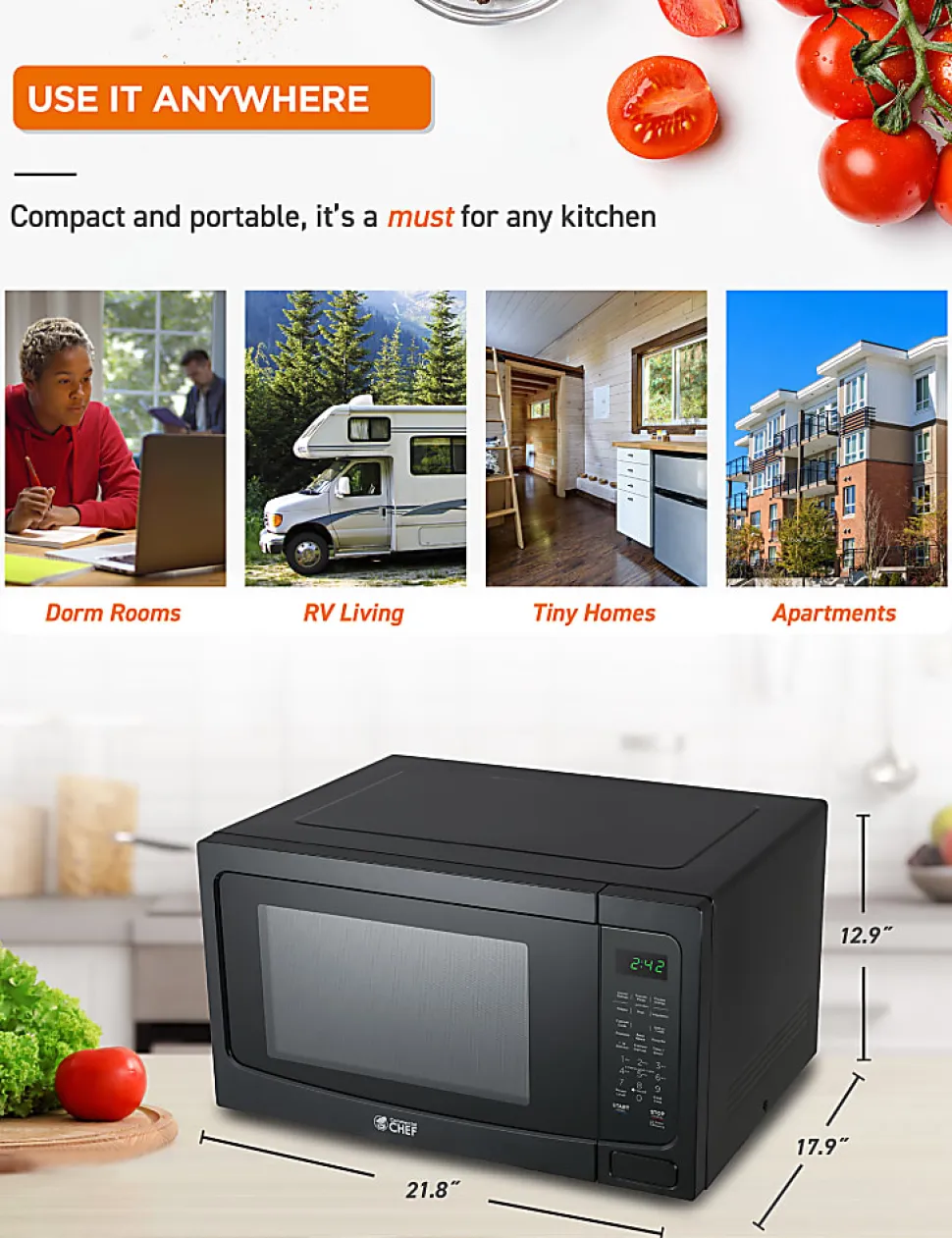 Commercial Chef 1.6 Cu. Ft. Countertop Microwave Oven, Black
