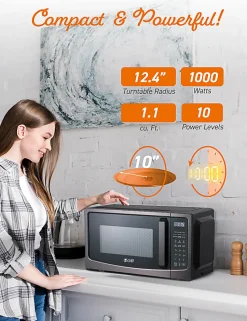 Commercial Chef 1.1 Cu. Ft. Microwave With 10 Power Levels, 11”H x 20”W x 17”D, Black/Silver