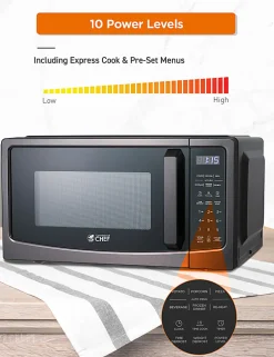 Commercial Chef 1.1 Cu. Ft. Microwave With 10 Power Levels, 11”H x 20”W x 17”D, Black/Silver